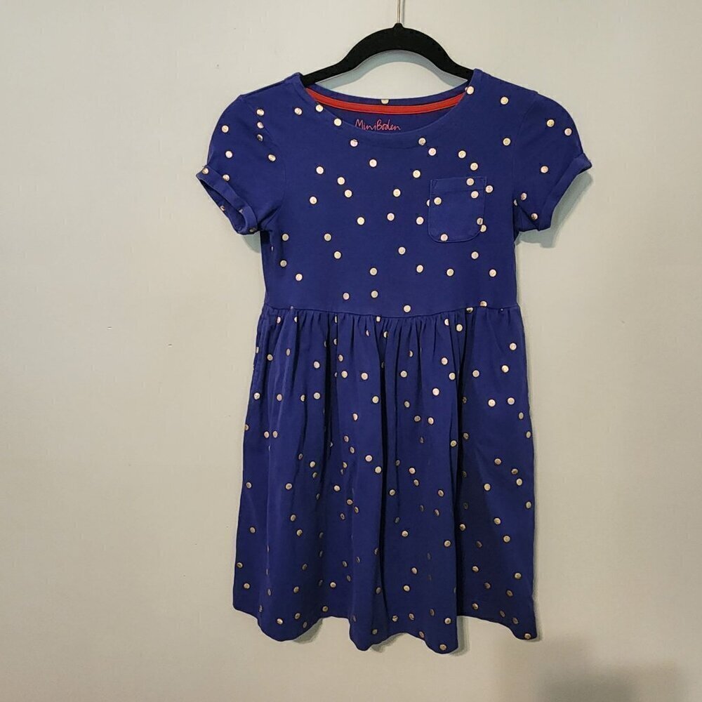 Mini Boden dress sz 9-10 blue gold polka dots short sleeve pockets